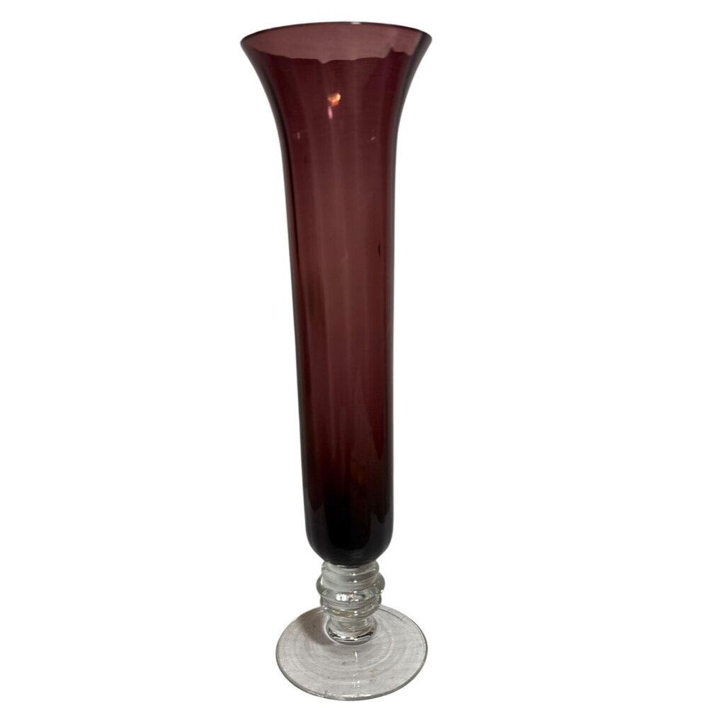 Glass Bud Vase Purple Amethyst With Clear Pedestal Base Elegant Flared Design 10